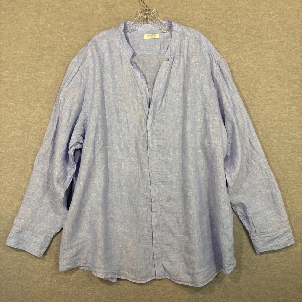 Murano Baird McNutt Men 4XB Blue Linen Band Collar Roll Tab Sleeve Shirt